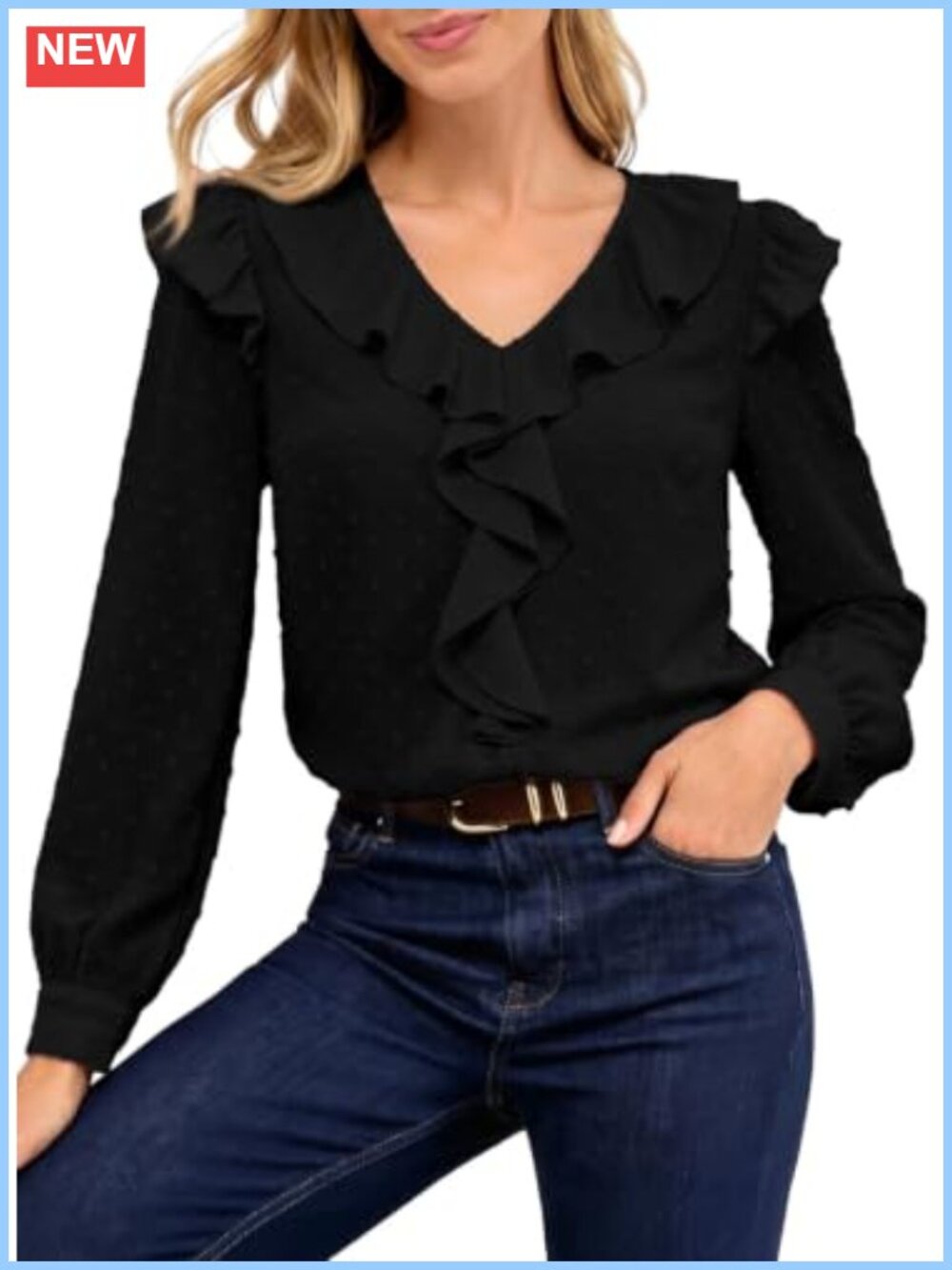 Boho Long Sleeve Ruffle V Neck Swiss Dot Blouse for Women